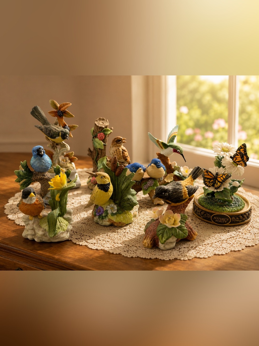 8 Colorful Ceramic Bird Figurines & 1 Butterfly Collection